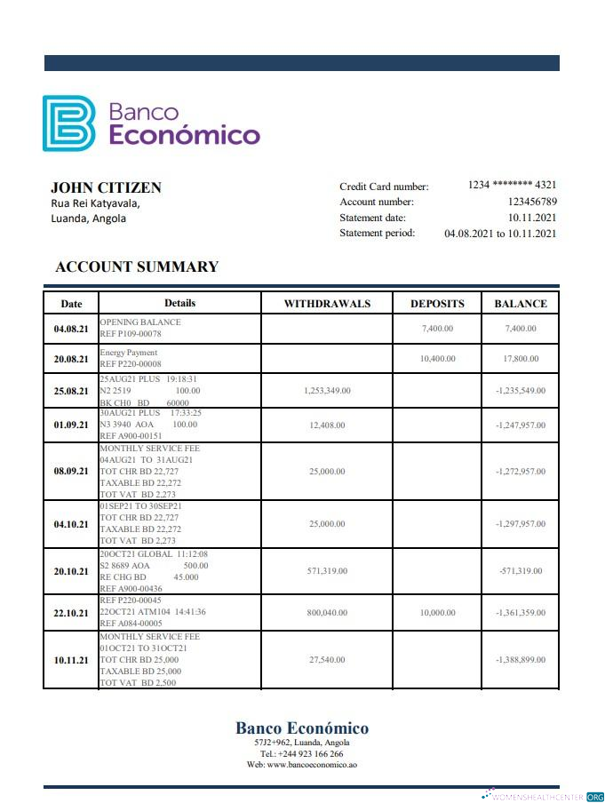 Download Angola Banco Ecenomico bank statement excel Photoshop template
